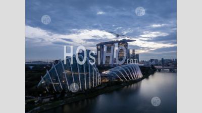  Flower Dome And Marina Bay Sands Buildings At Sunset, Singapore - Aerial Photography