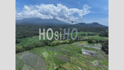 Abang Rice Terraces, Near Lempuyang Temple, With Agung Volcano, Bali, Indonesia - Aerial Photography