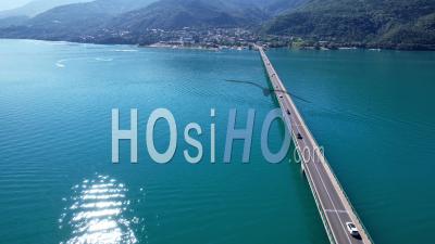 The Savines Bridge Crossing The Lake Of The Serre-Ponçon ., Viewed From Drone