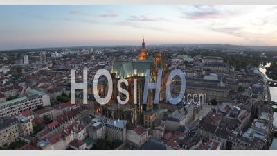 View Of The Historic Center Of Metz With Its Monuments And The Moselle At Sunset - Video Drone Footage