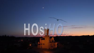 Small Village Church At Sunset, France, Drone Point Of View
