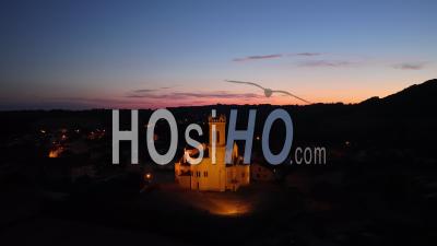Small Village Church At Sunset, France, Drone Point Of View