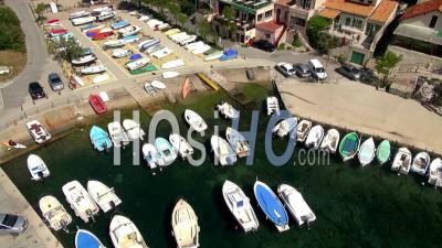 Fishing Harbour And Boats At The Port De La Calanque De Morgiou, Marseille, France - Video Drone Footage
